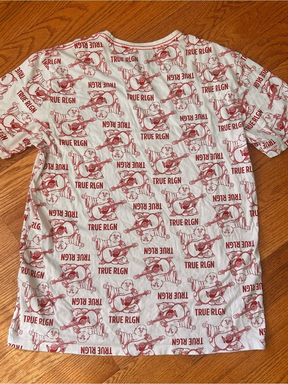 True Religion World Tour Buddha Guitar T-Shirt L White Red Graphic Tee Y2K Urban